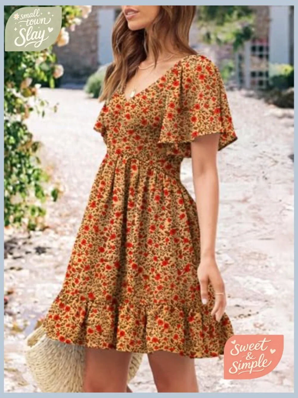 Smocked V-Neck Flutter Sleeve Sundress with Pockets - Picture 4 of 7